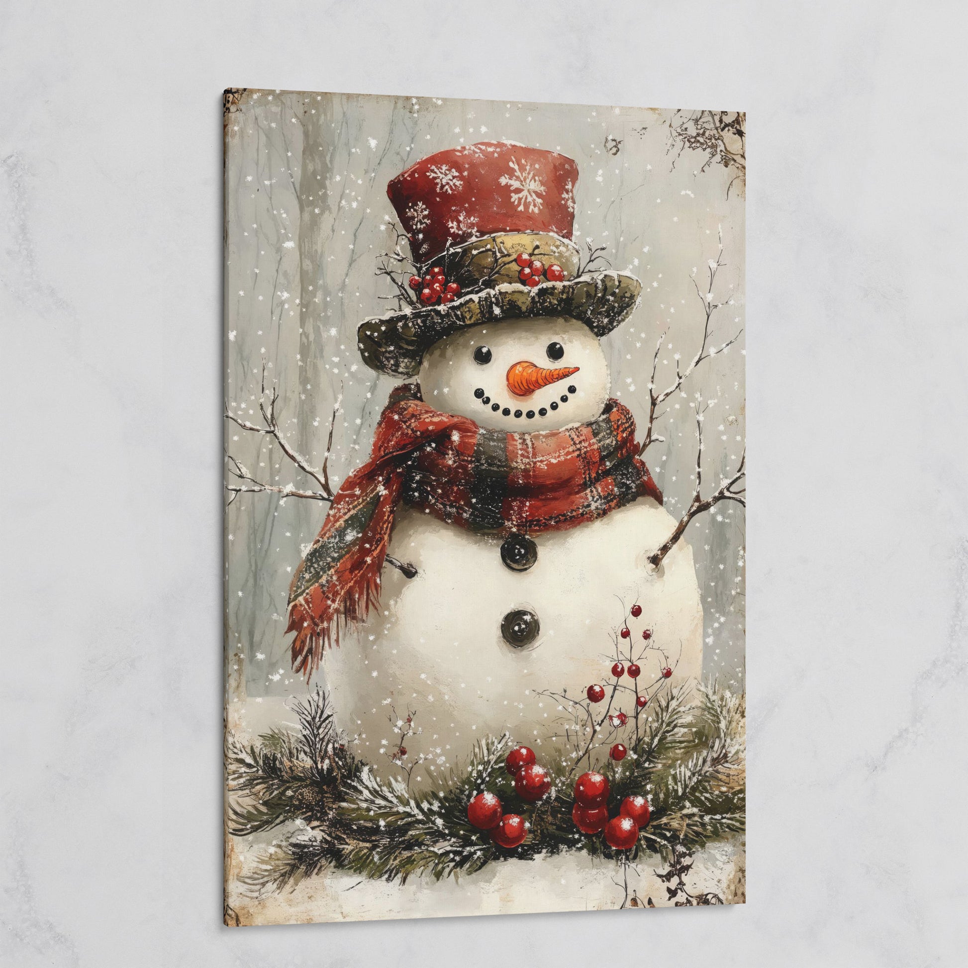 Snowman with Pine Berries Christmas Canvas on gallery wrap