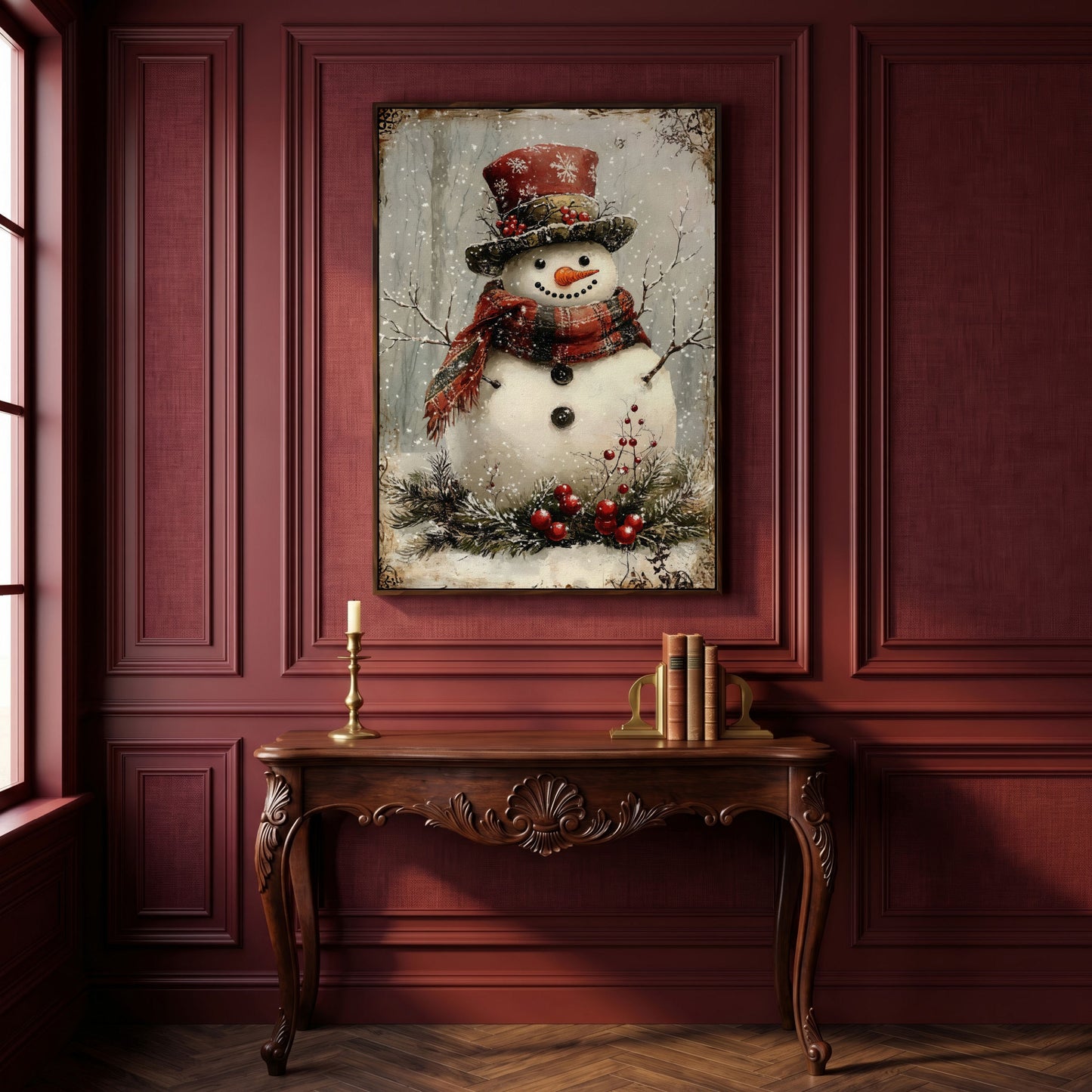 Snowman with Pine Berries Christmas Canvas in dark walnut floating frame
