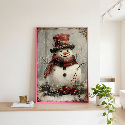 Snowman with Pine Berries Christmas Canvas in pink floating frame