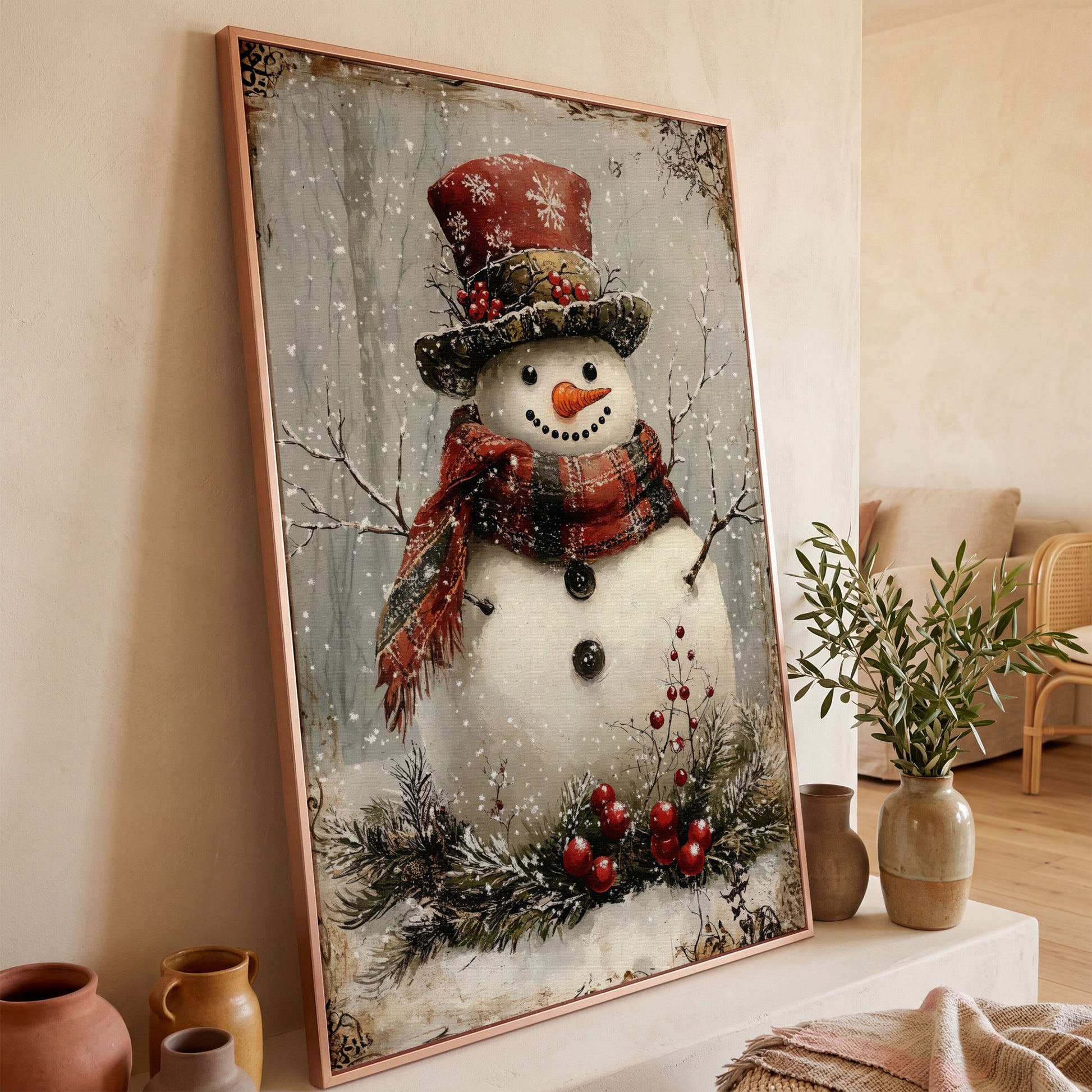 Snowman with Pine Berries Christmas Canvas in rose gold floating frame