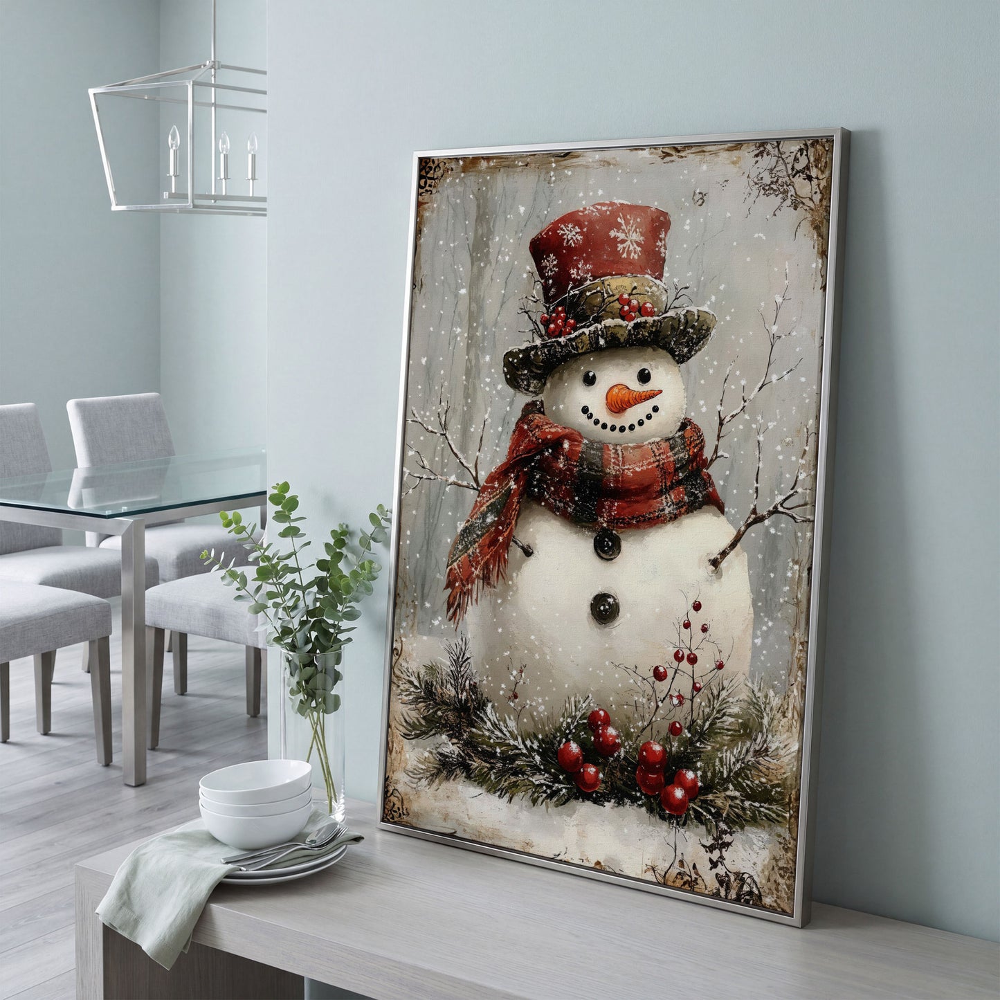 Snowman with Pine Berries Christmas Canvas in silver floating frame