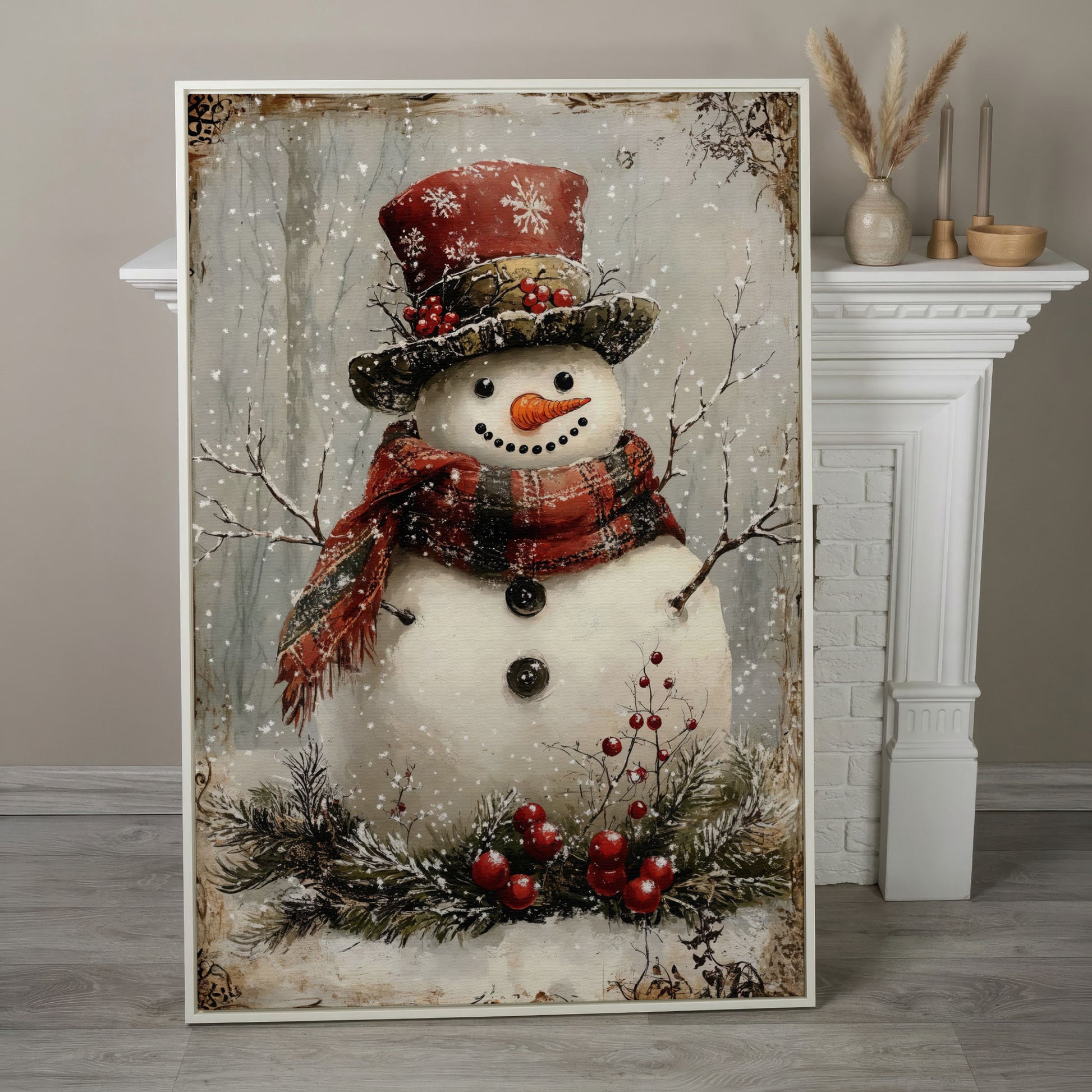 Snowman with Pine Berries Christmas Canvas in white floating frame