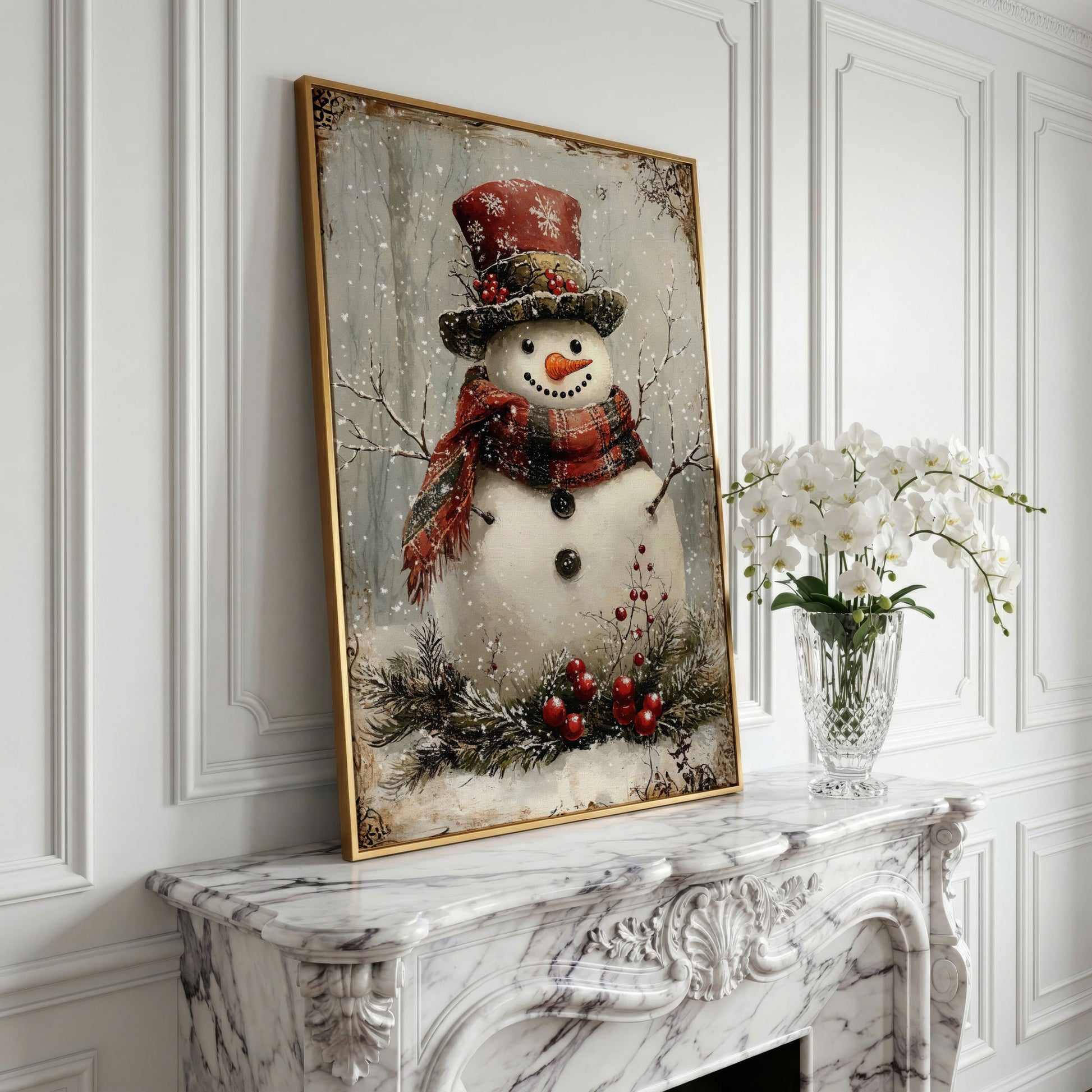 Snowman with Pine Berries Christmas Canvas in yellow gold floating frame