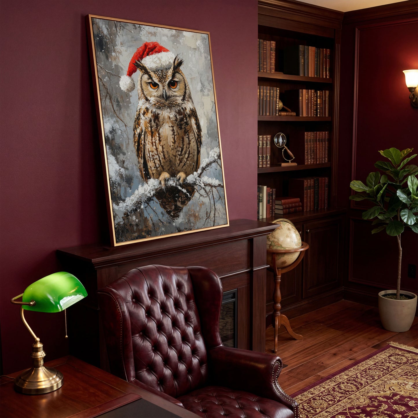 Owl in Santa Hat Canvas Print in antique gold floating frame