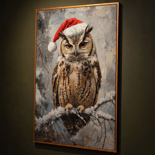 Owl in Santa Hat Canvas Print shown in antique gold floating frame