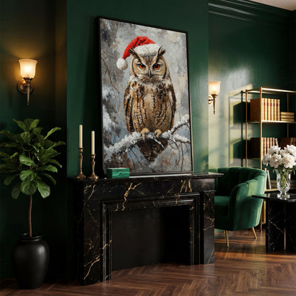 Owl in Santa Hat Canvas Print in black floating frame