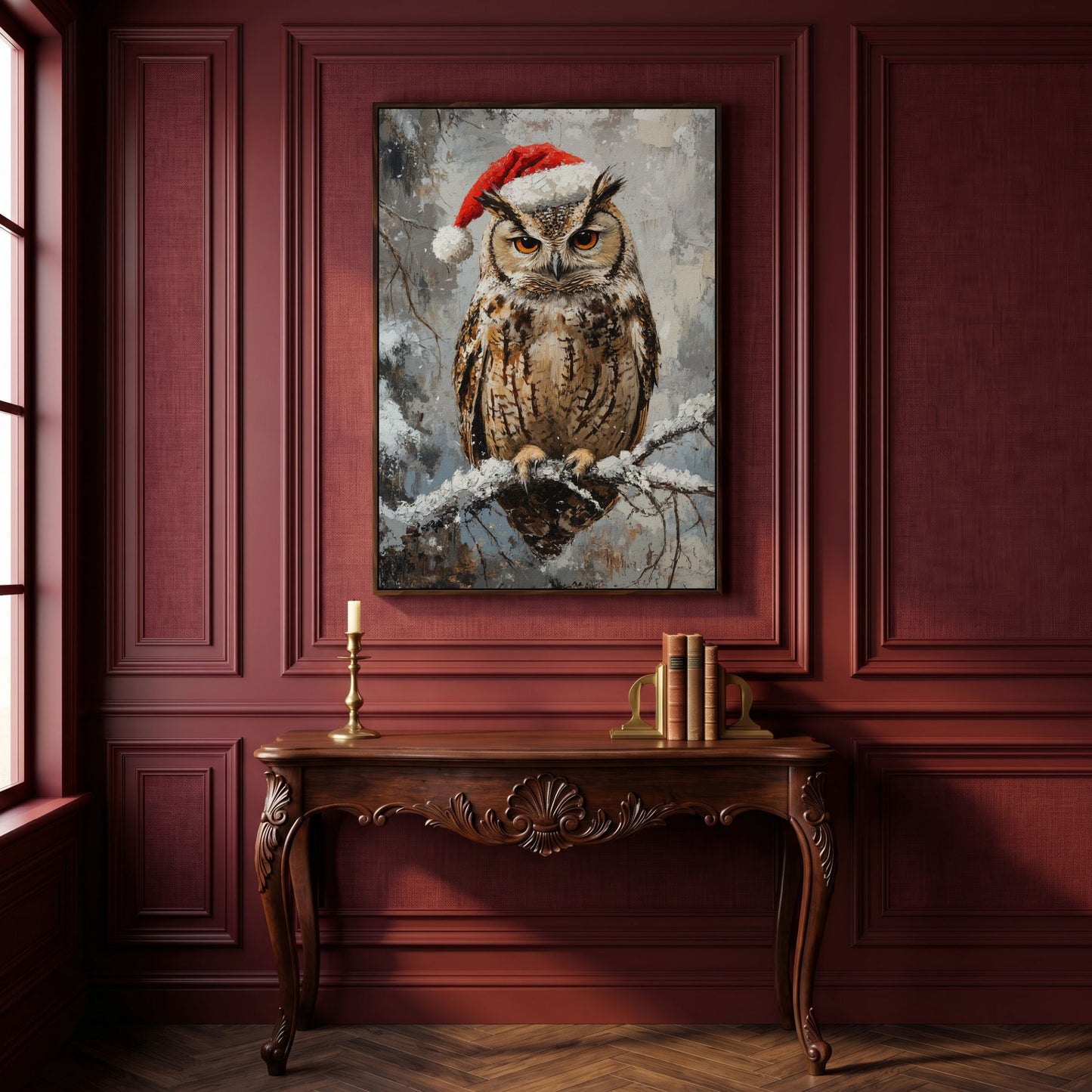 Owl in Santa Hat Canvas Print in dark walnut floating frame