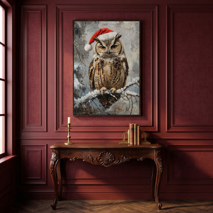 Owl in Santa Hat Canvas Print in dark walnut floating frame