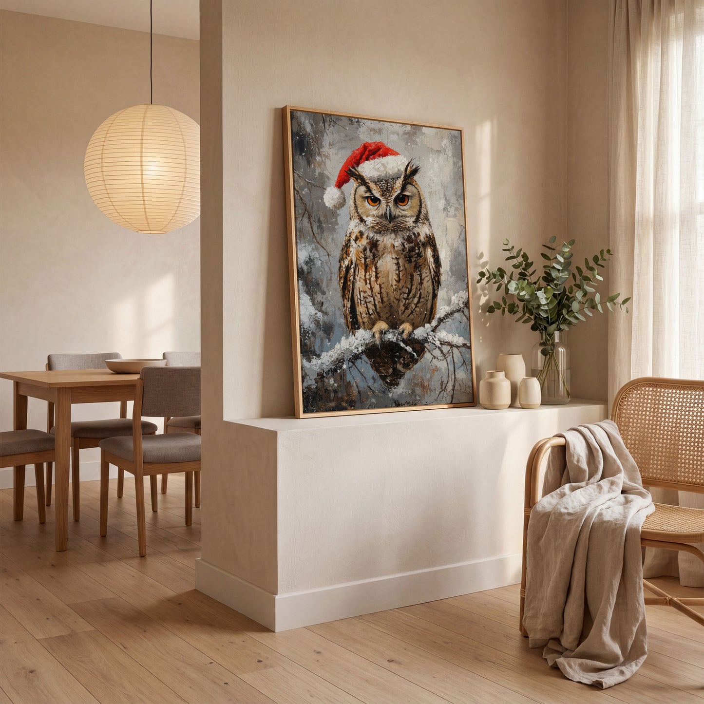 Owl in Santa Hat Canvas Print in white oak floating frame