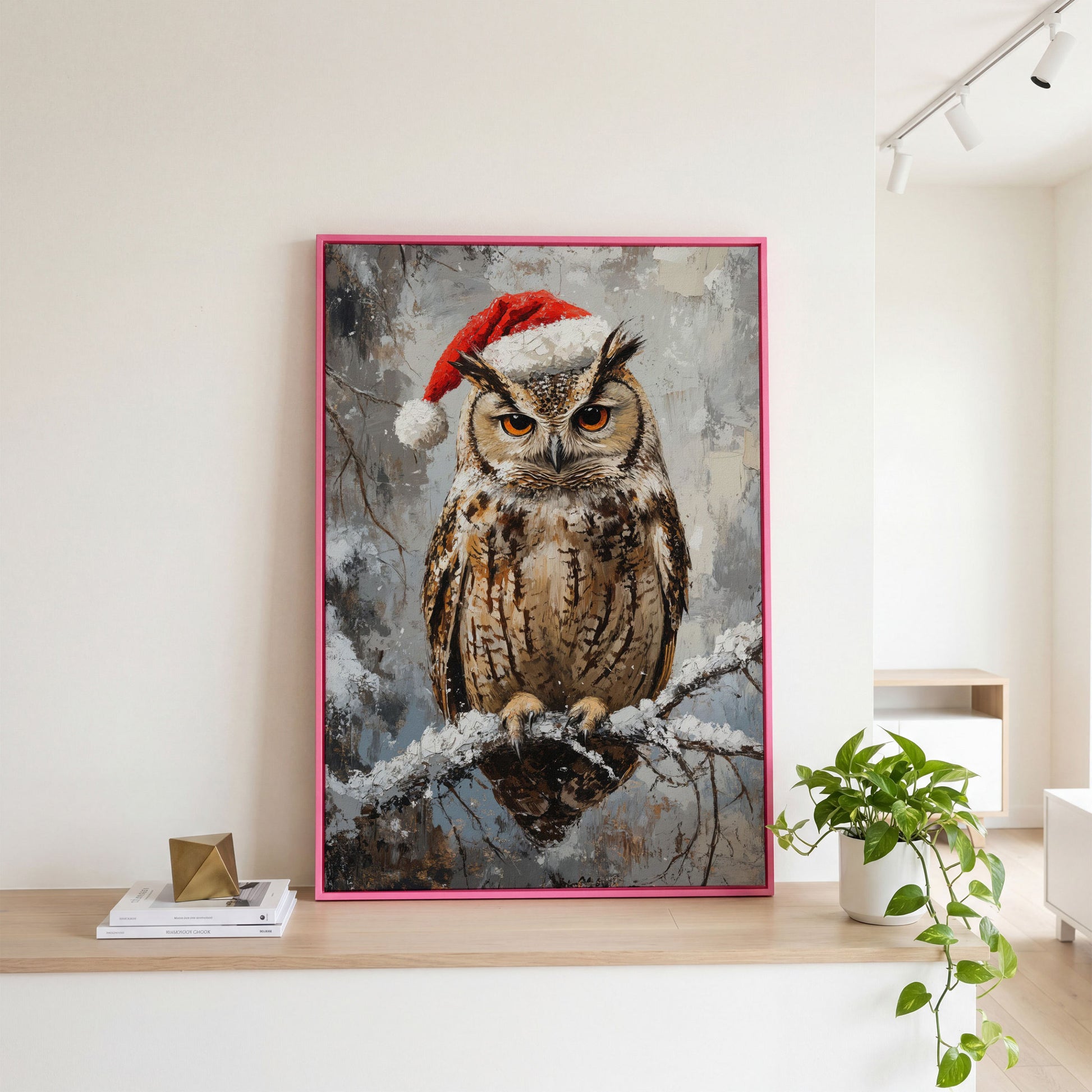 Owl in Santa Hat Canvas Print in pink floating frame