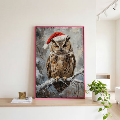 Owl in Santa Hat Canvas Print in pink floating frame