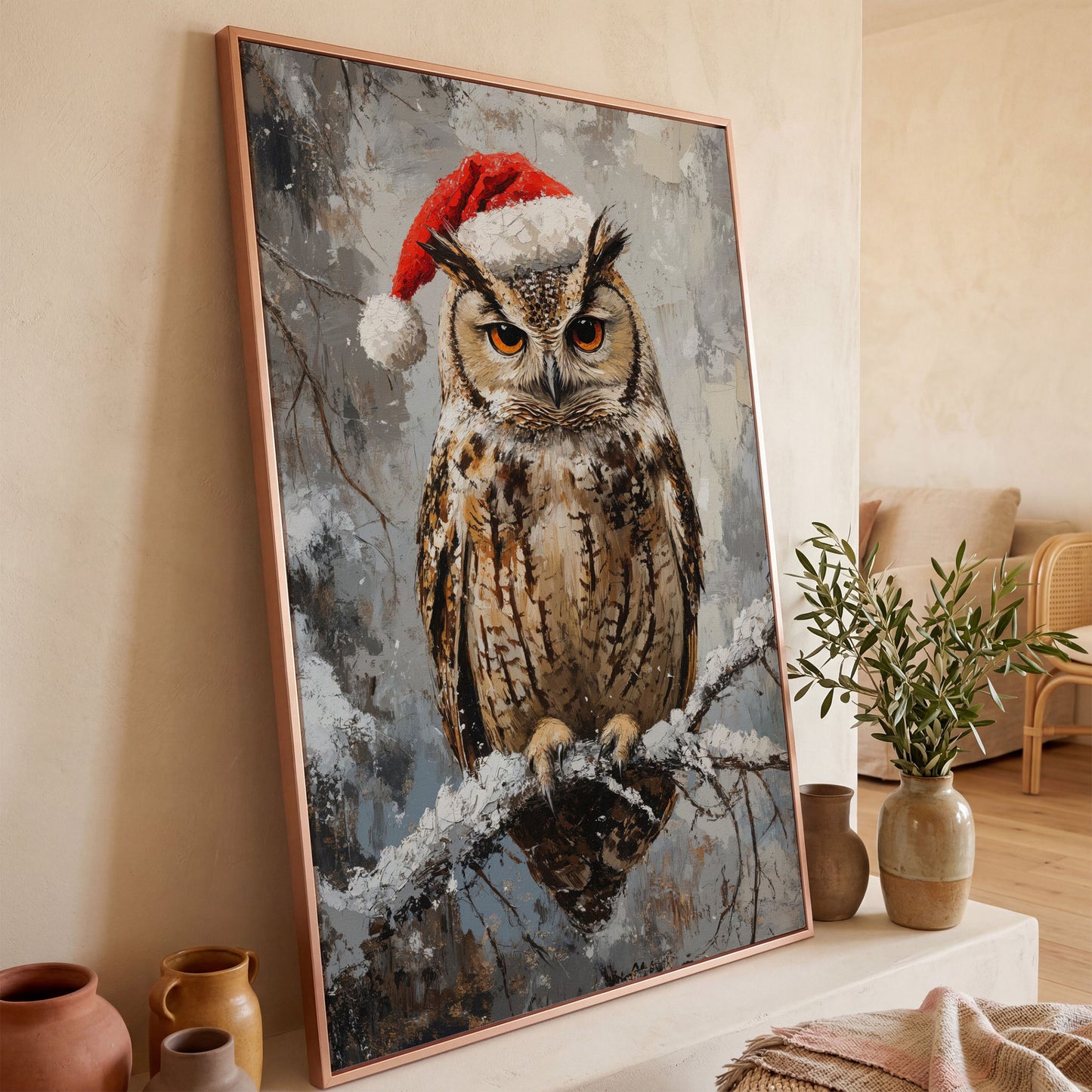 Owl in Santa Hat Canvas Print in rose gold floating frame