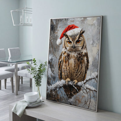 Owl in Santa Hat Canvas Print in silver floating frame