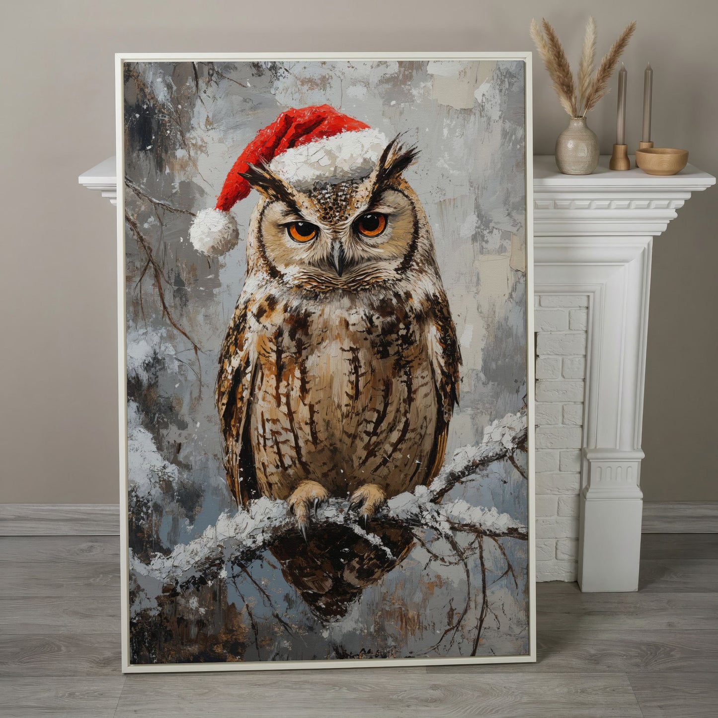 Owl in Santa Hat Canvas Print in white floating frame