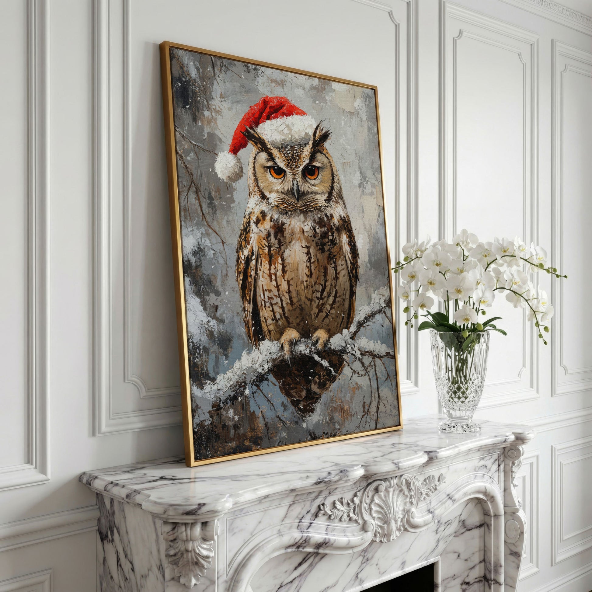 Owl in Santa Hat Canvas Print in yellow gold floating frame