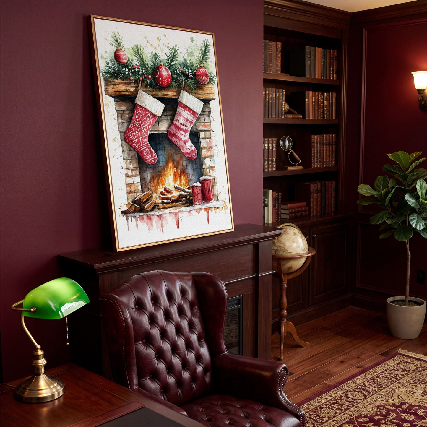 Christmas Stockings by Fireplace Canvas in antique gold floating frame