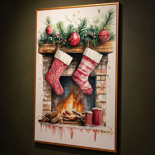 Christmas Stockings by Fireplace Canvas shown in antique gold floating frame