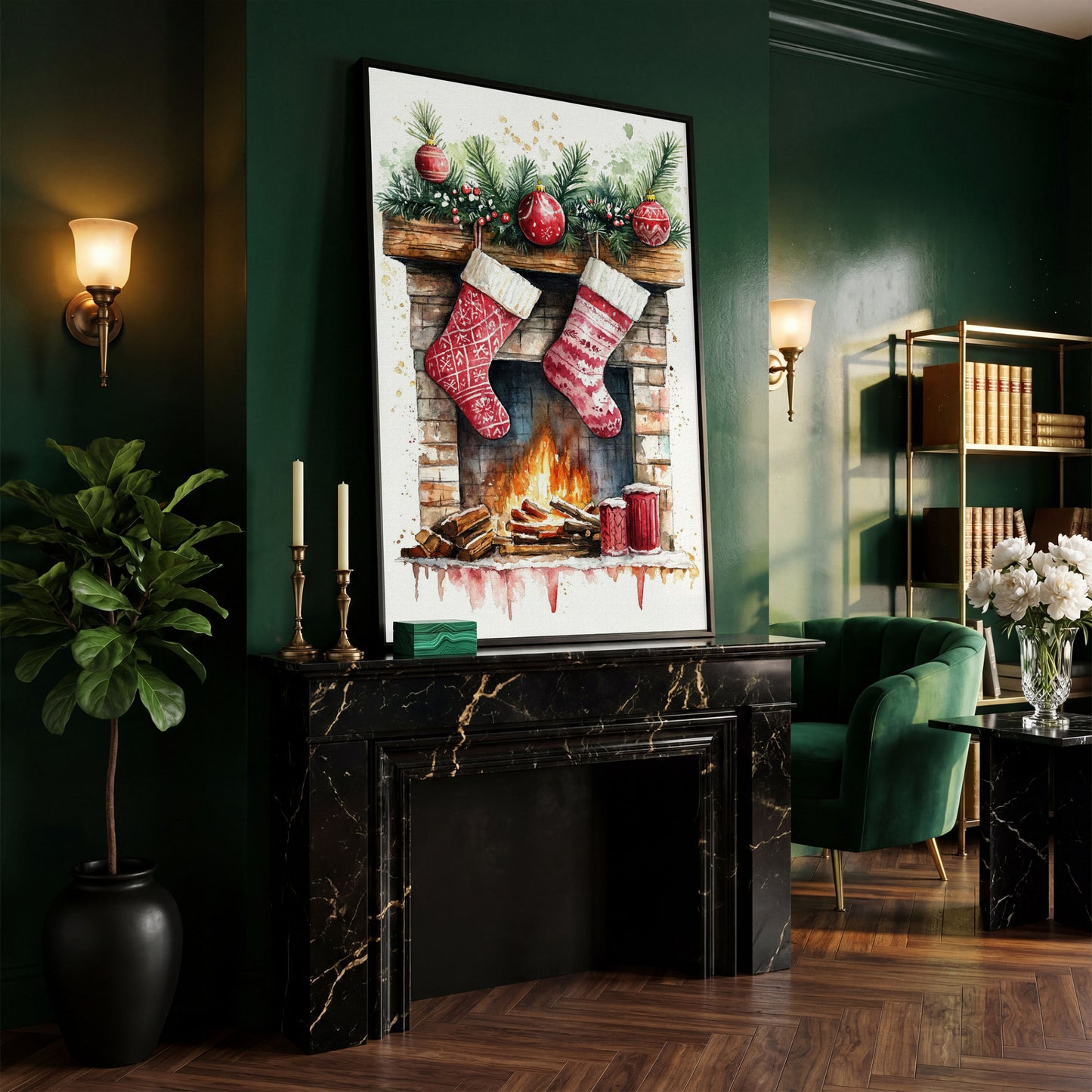 Christmas Stockings by Fireplace Canvas in black floating frame