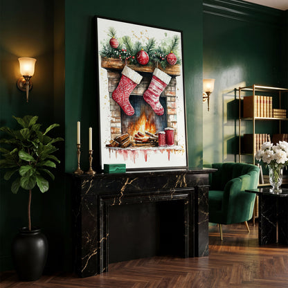 Christmas Stockings by Fireplace Canvas in black floating frame