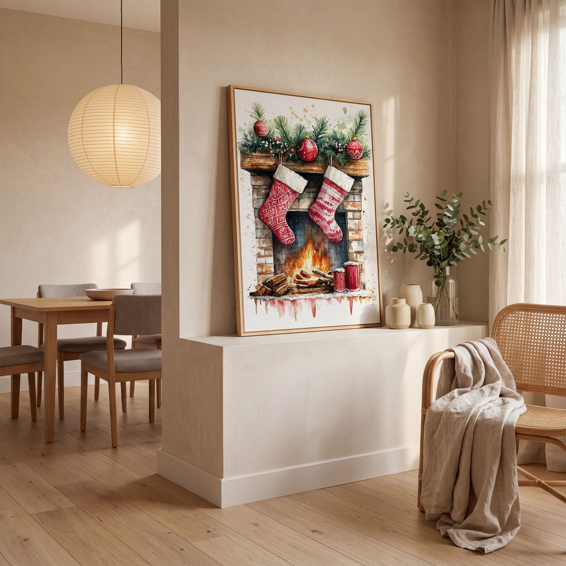 Christmas Stockings by Fireplace Canvas in white oak floating frame