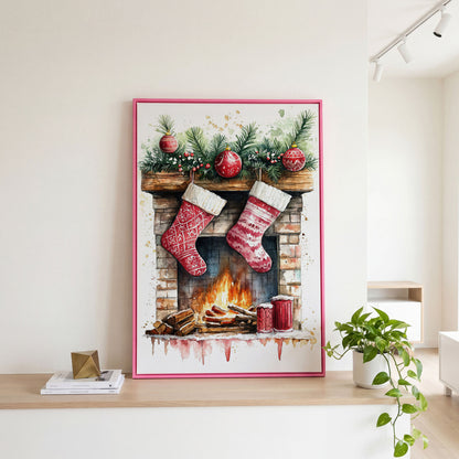 Christmas Stockings by Fireplace Canvas in pink floating frame