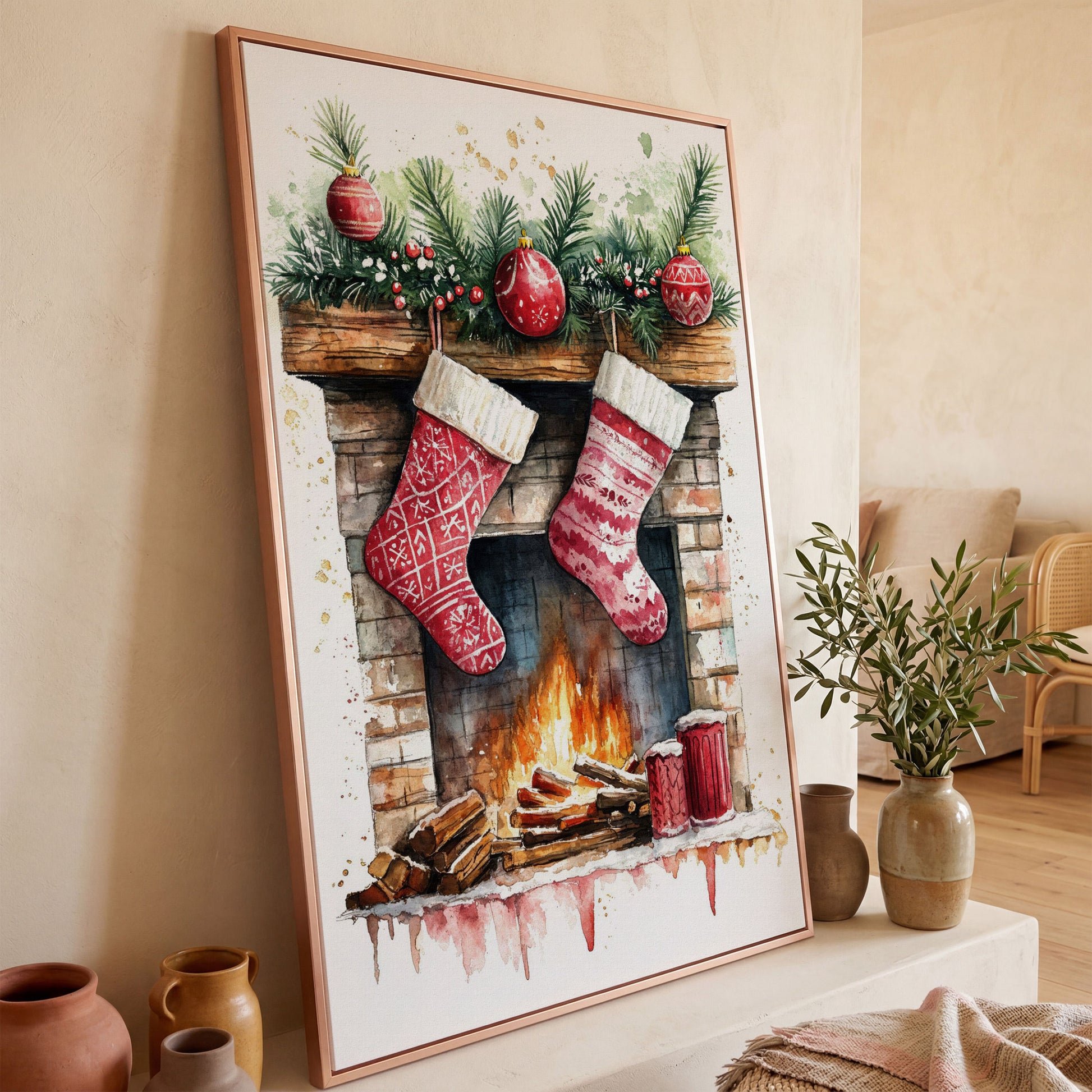 Christmas Stockings by Fireplace Canvas in rose gold floating frame