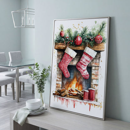 Christmas Stockings by Fireplace Canvas in silver floating frame