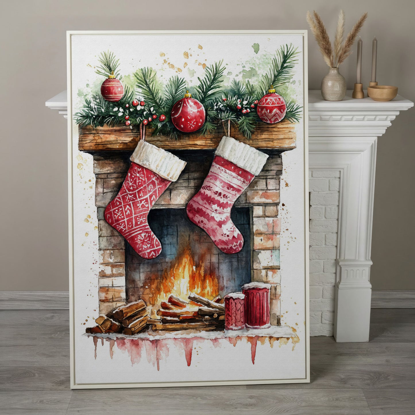 Christmas Stockings by Fireplace Canvas in white floating frame