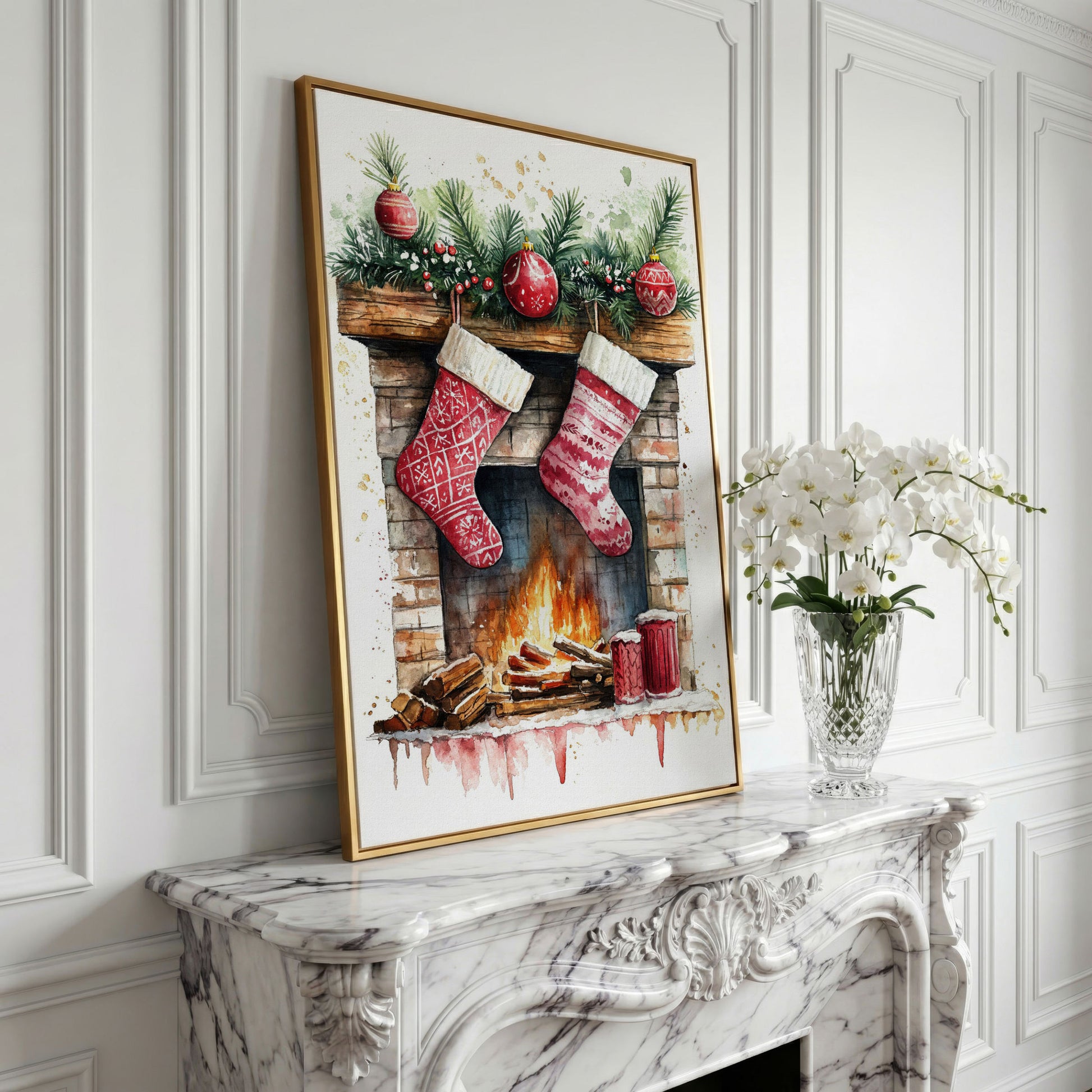 Christmas Stockings by Fireplace Canvas in yellow gold floating frame