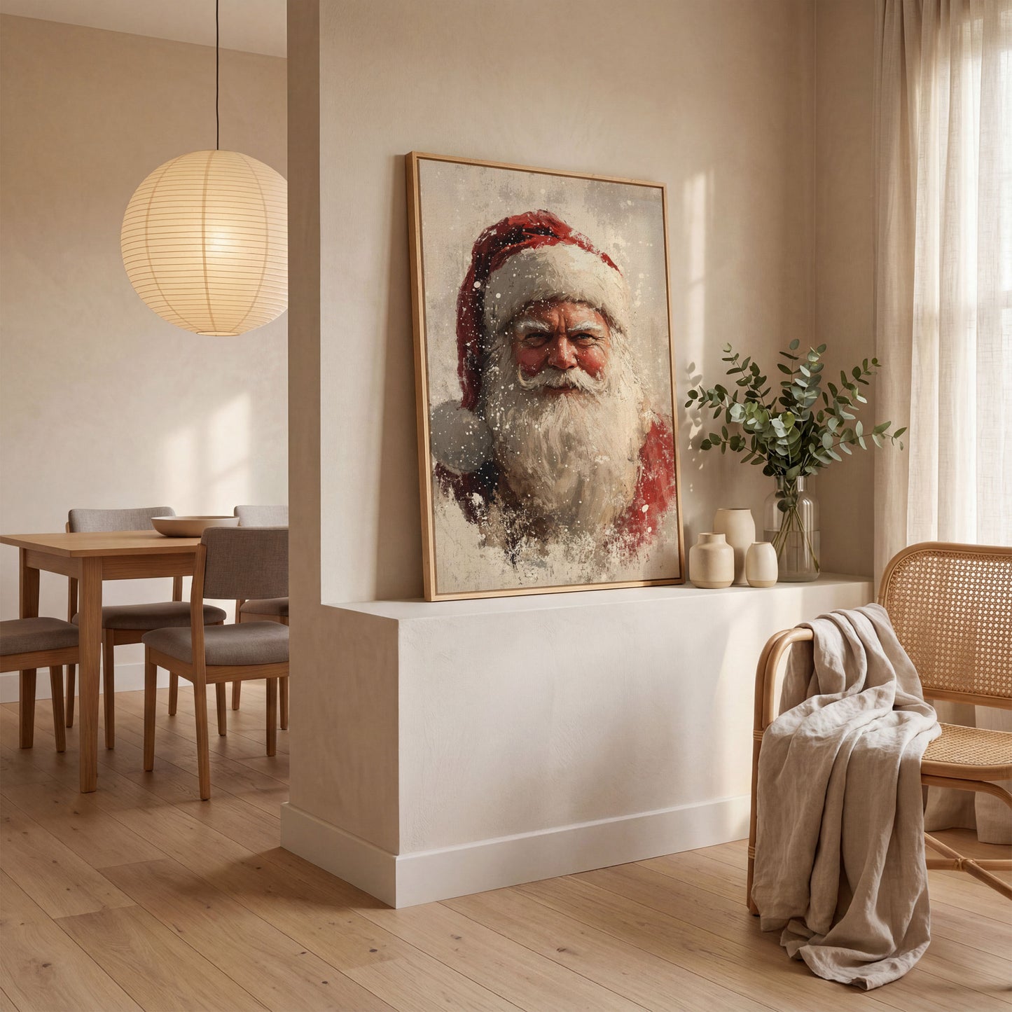 Father Frost Abstract Winter Canvas Print in white oak floating frame