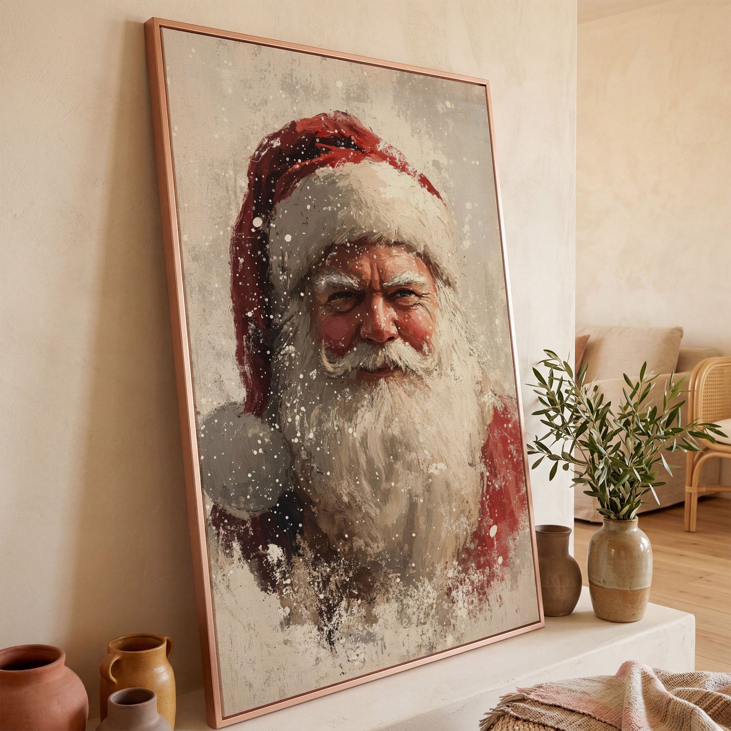 Father Frost Abstract Winter Canvas Print in rose gold floating frame