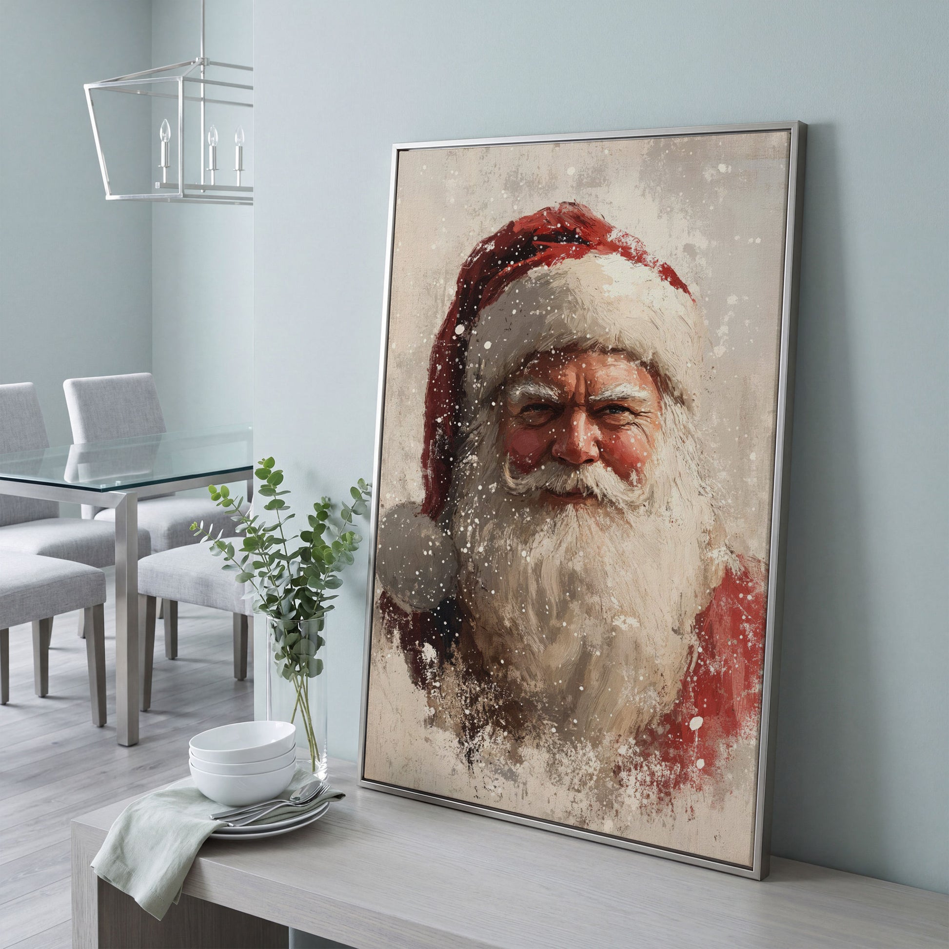 Father Frost Abstract Winter Canvas Print in silver floating frame