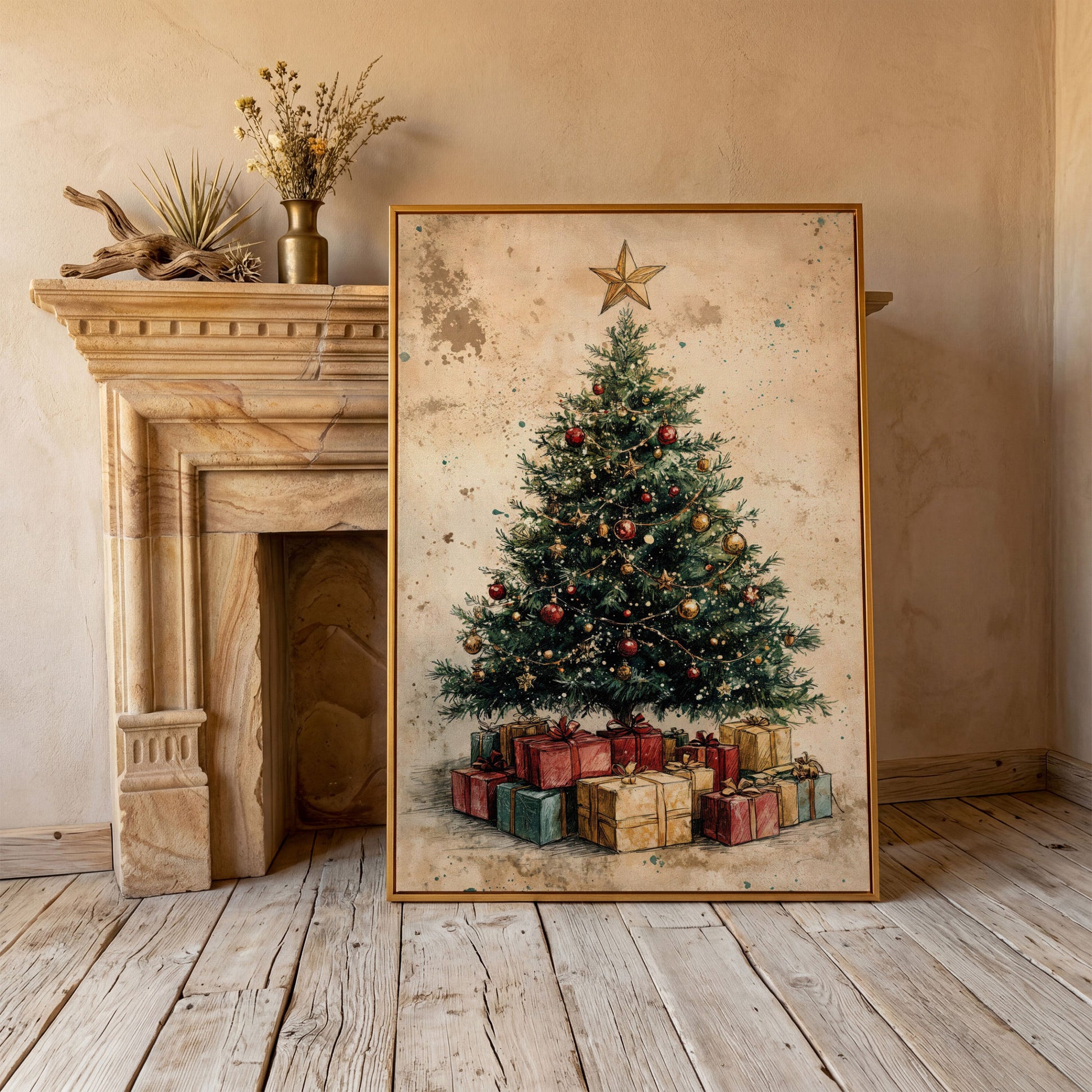 Festive Christmas Tree with Gifts Canvas Print in antique gold floating frame