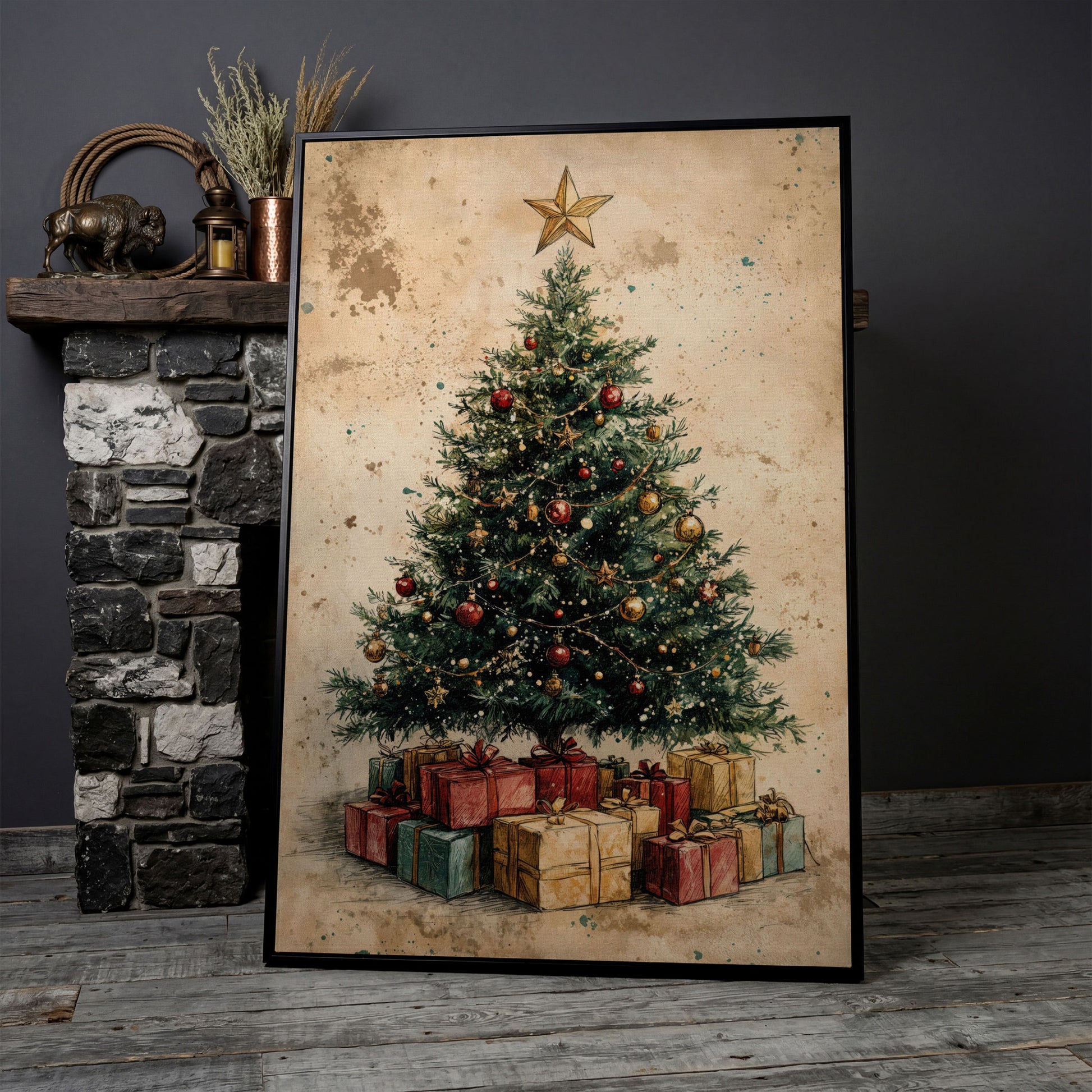 Festive Christmas Tree with Gifts Canvas Print in black floating frame