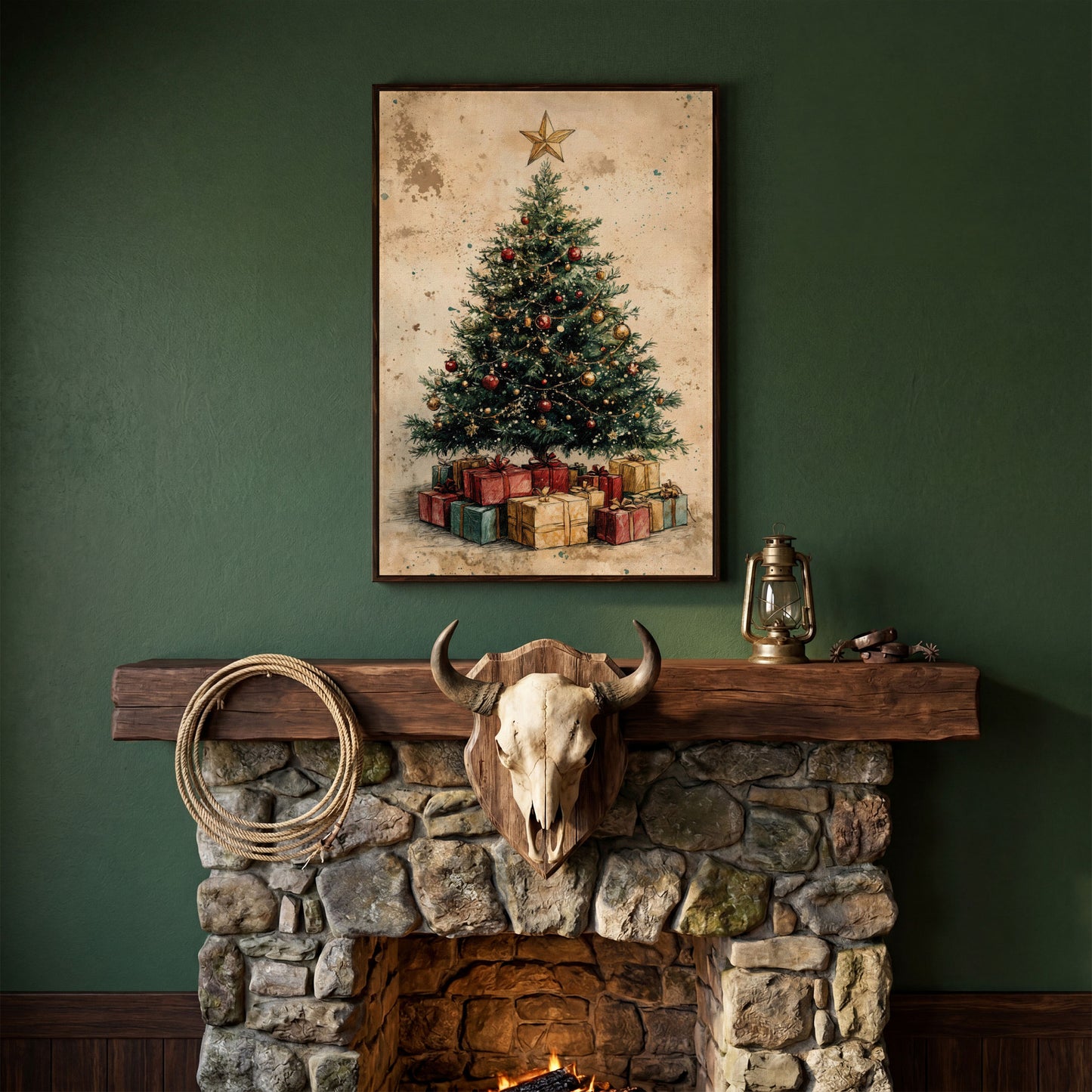 Festive Christmas Tree with Gifts Canvas Print in dark walnut floating frame
