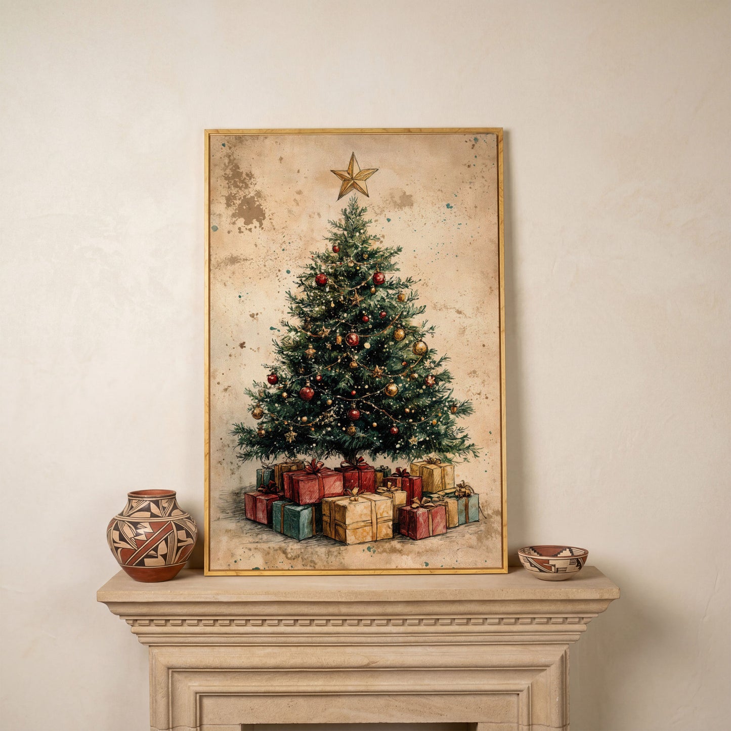 Festive Christmas Tree with Gifts Canvas Print in white oak floating frame