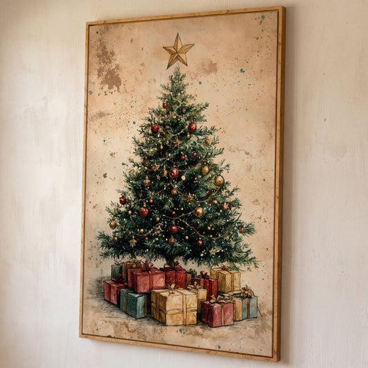 Festive Christmas Tree with Gifts Canvas Print shown in white oak floating frame
