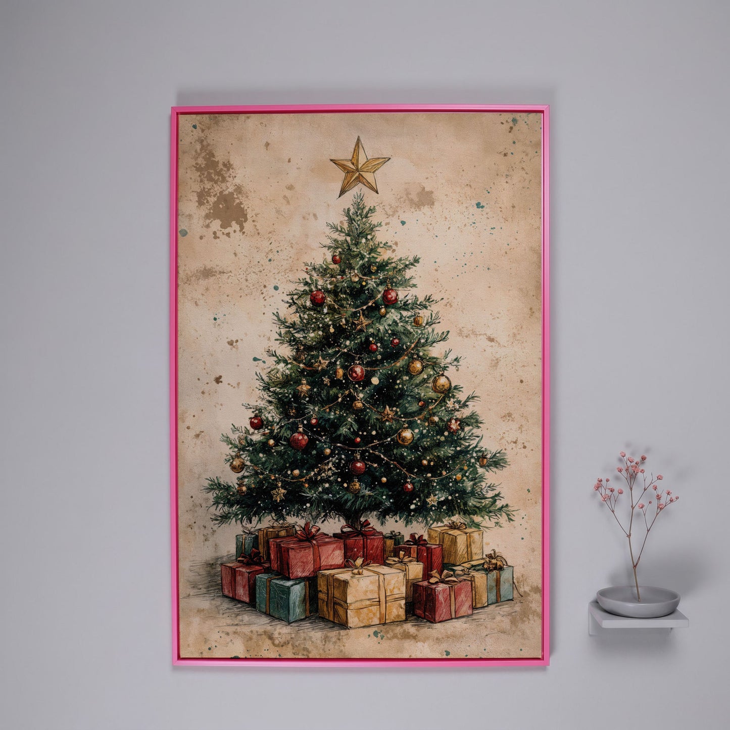 Festive Christmas Tree with Gifts Canvas Print in pink floating frame
