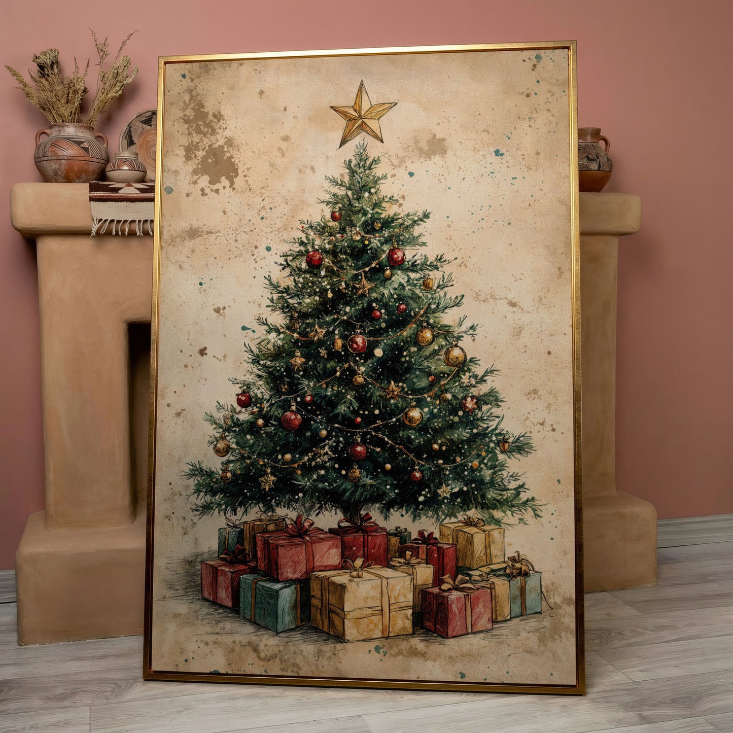 Festive Christmas Tree with Gifts Canvas Print in rose gold floating frame
