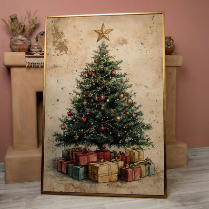 Festive Christmas Tree with Gifts Canvas Print in rose gold floating frame