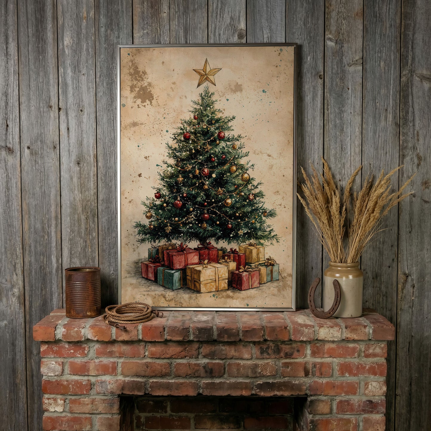 Festive Christmas Tree with Gifts Canvas Print in silver floating frame