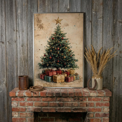 Festive Christmas Tree with Gifts Canvas Print in silver floating frame