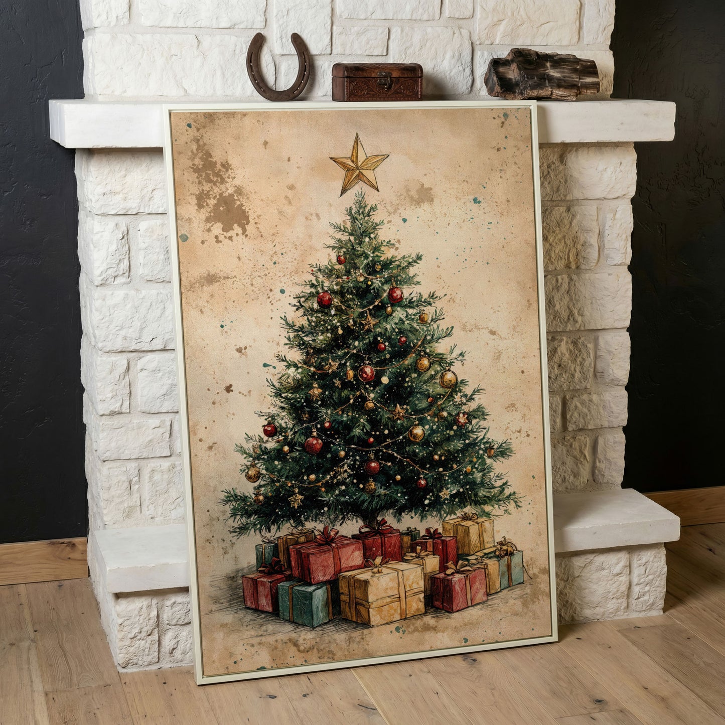 Festive Christmas Tree with Gifts Canvas Print in white floating frame