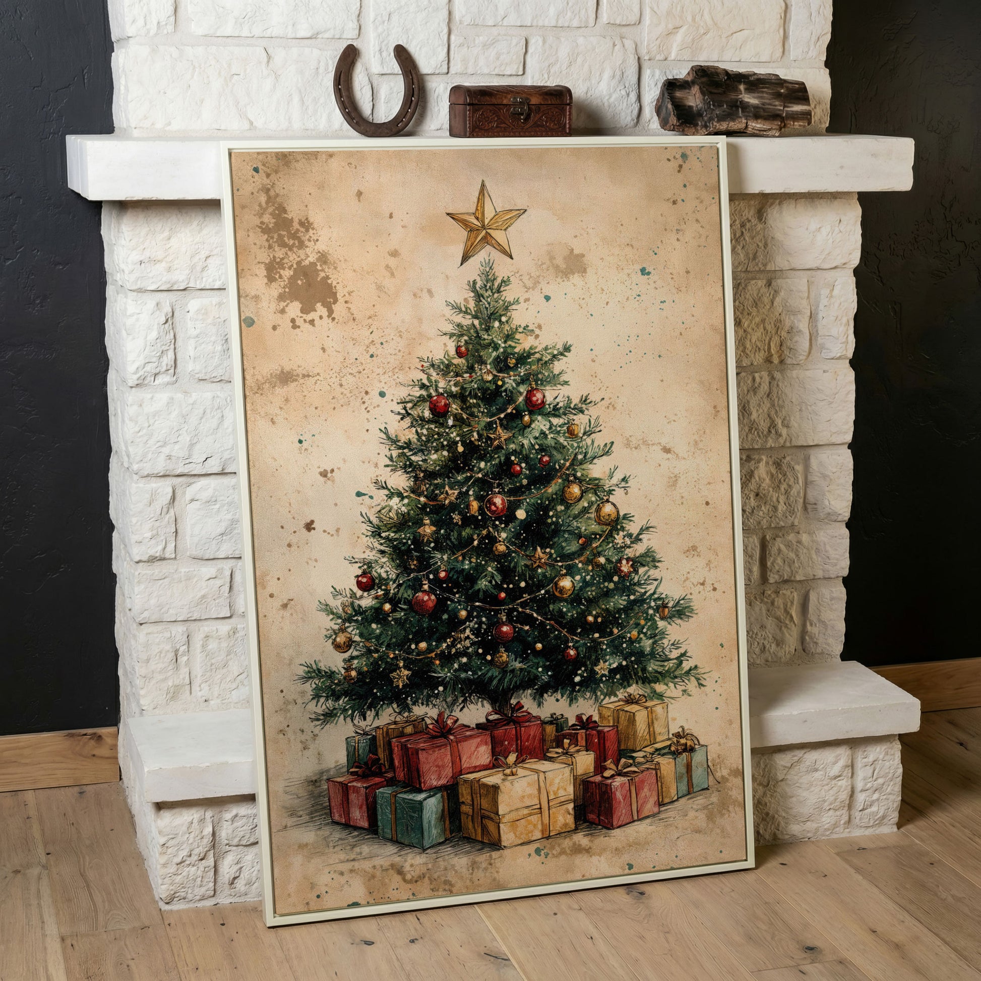 Festive Christmas Tree with Gifts Canvas Print in white floating frame