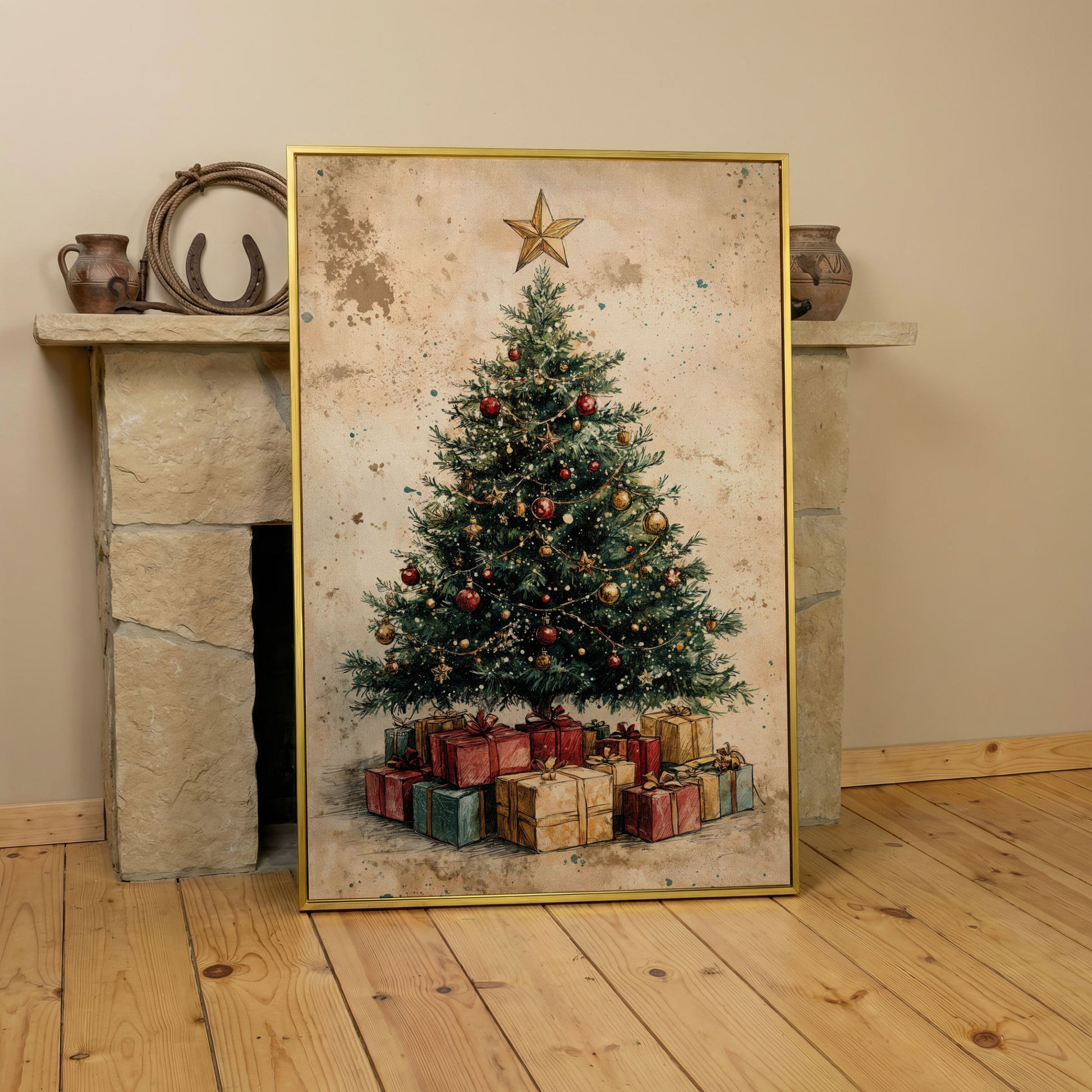 Festive Christmas Tree with Gifts Canvas Print in yellow gold floating frame