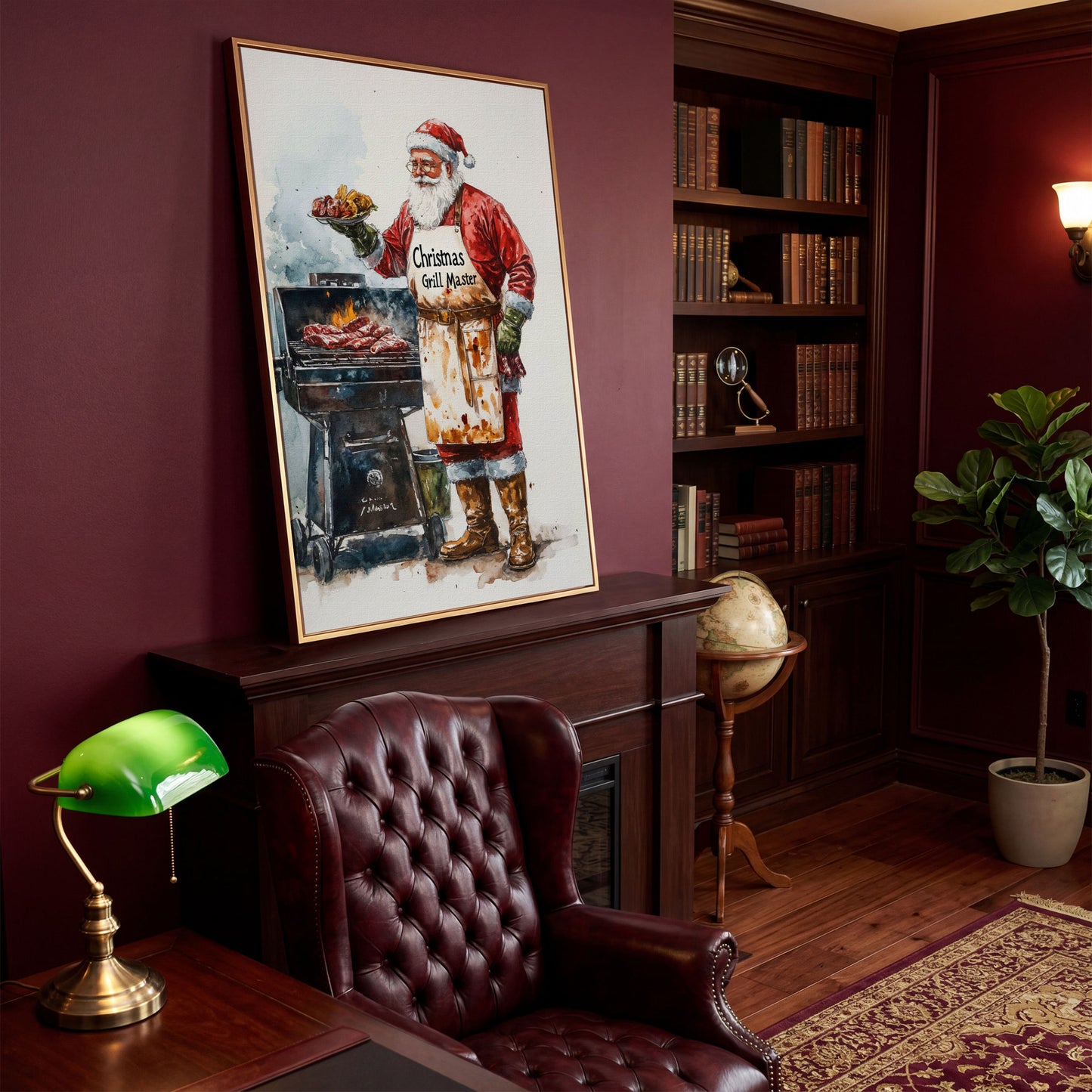 Santa Claus BBQ Canvas Print - Christmas Grill Master Art in antique gold floating frame