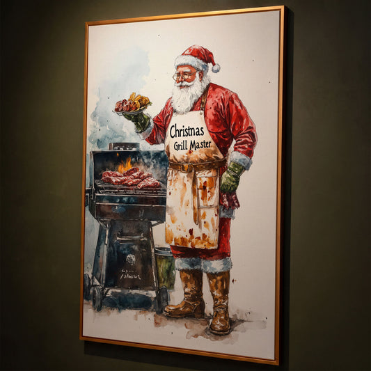 Santa Claus BBQ Canvas Print - Christmas Grill Master Art shown in antique gold floating frame