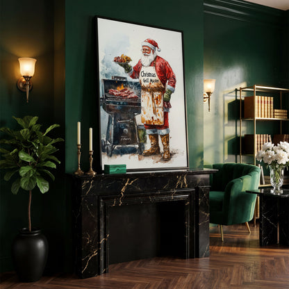 Santa Claus BBQ Canvas Print - Christmas Grill Master Art in black floating frame