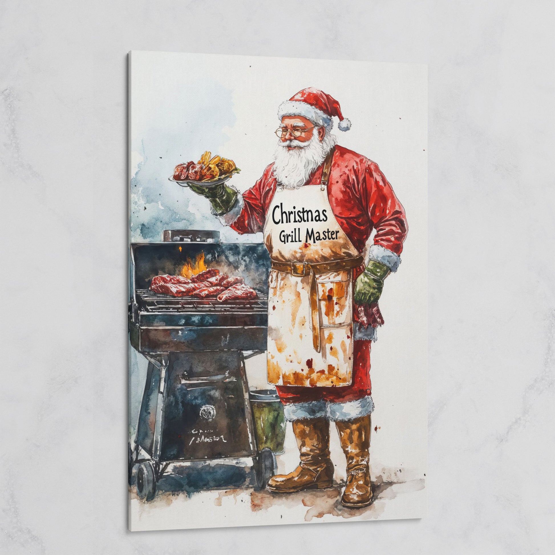 Santa Claus BBQ Canvas Print - Christmas Grill Master Art on gallery wrap