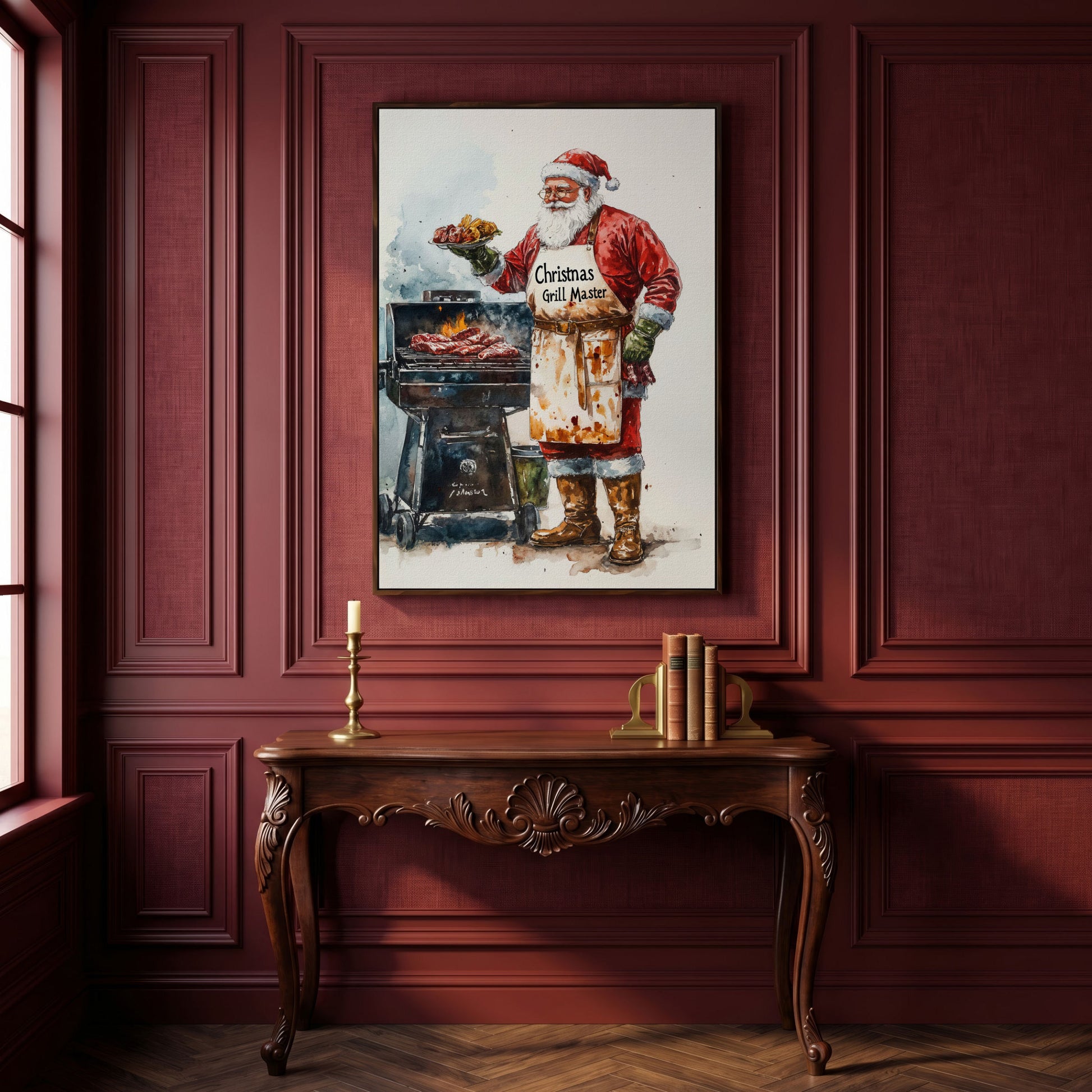 Santa Claus BBQ Canvas Print - Christmas Grill Master Art in dark walnut floating frame